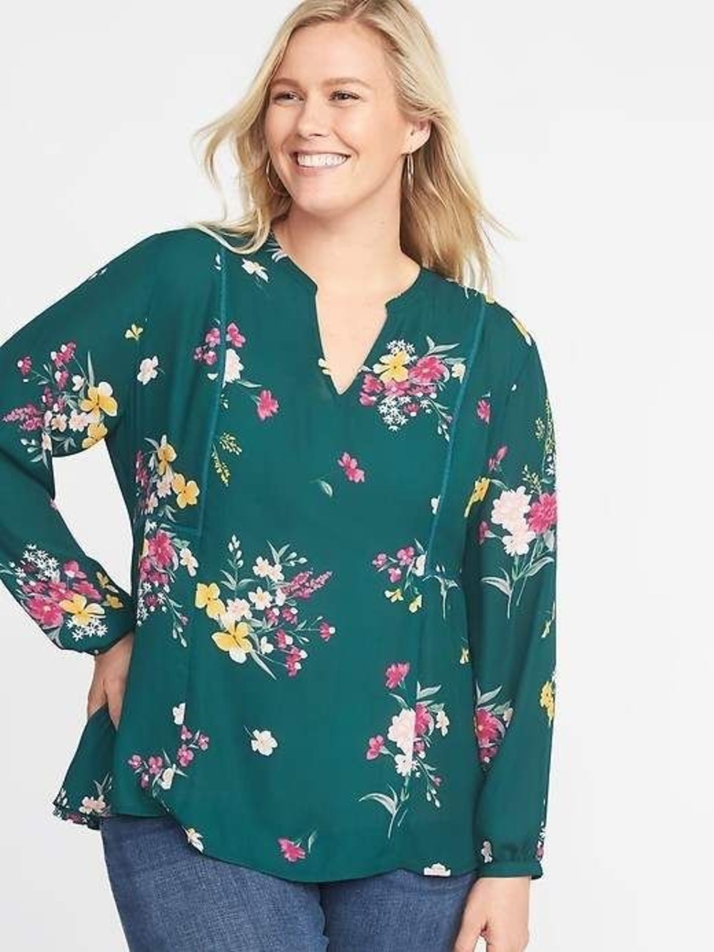 EUC Old Navy Long Sleeve Georgette Swing Blouse, Size 2X (20/22), Green Floral - Picture 1 of 5